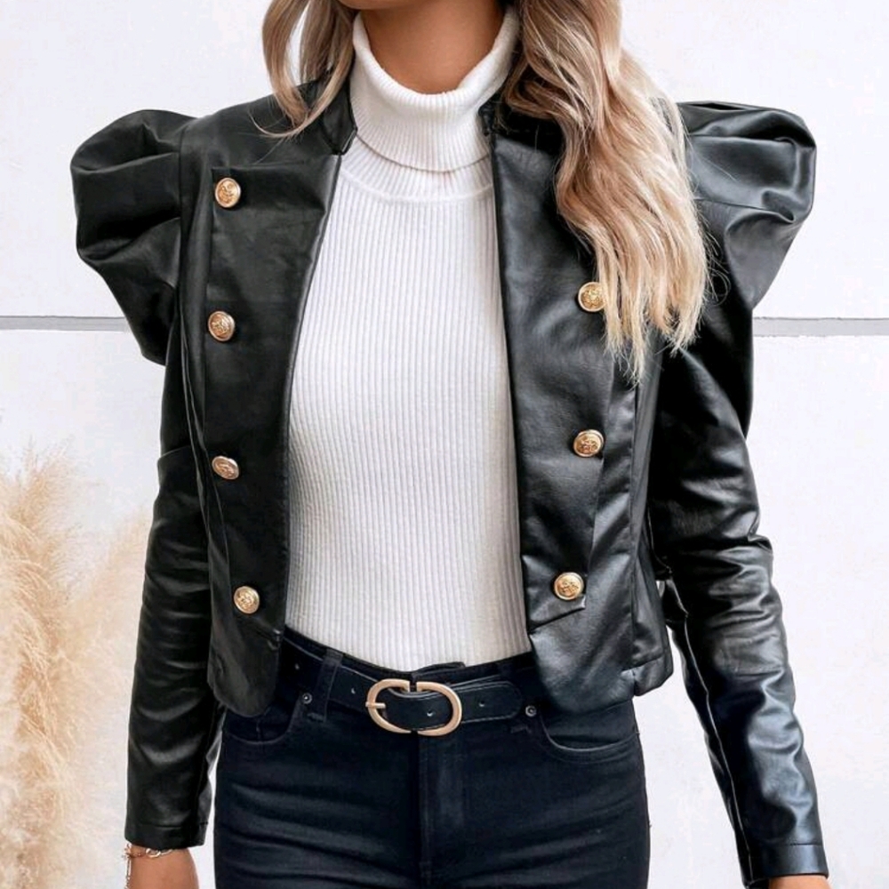 Gigot Sleeve Double Breasted PU Leather Jacket - Picture 4 of 6
